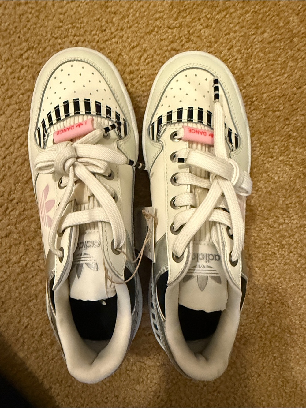 adidas Kids White Sneakers with Pink Accents and Black Stripe Trim